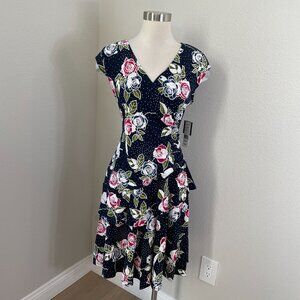 Signature Robbie Bee Womens Petite Medium Navy Floral Polka Dot Faux Wrap‎ Dress